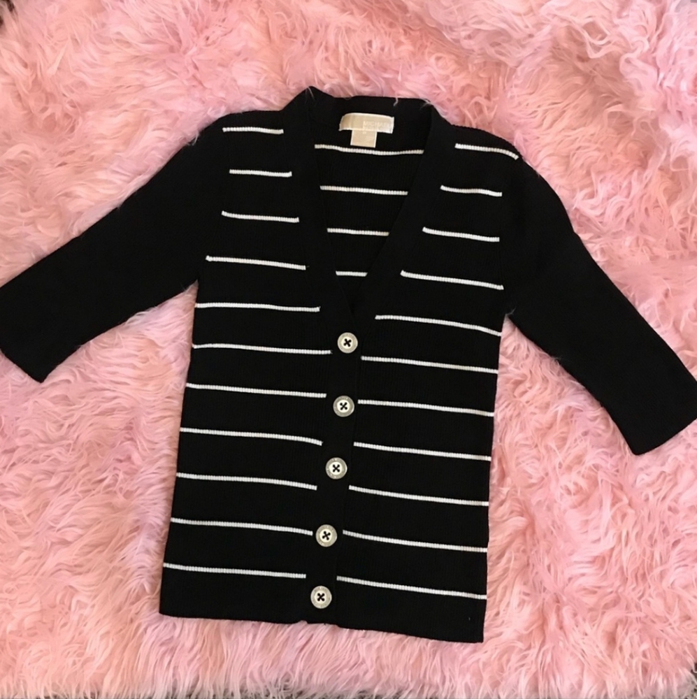 MICHAEL Michael Kors Striped V-Neck Cardigan Petite P Silver Logo Buttons